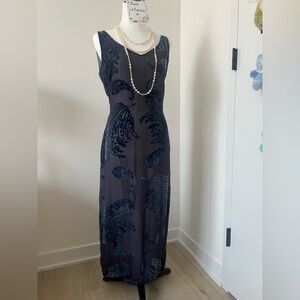 Vintage Silk Blend Navy Burnout Velvet Maxi Dress, Size 8 Kay Unger